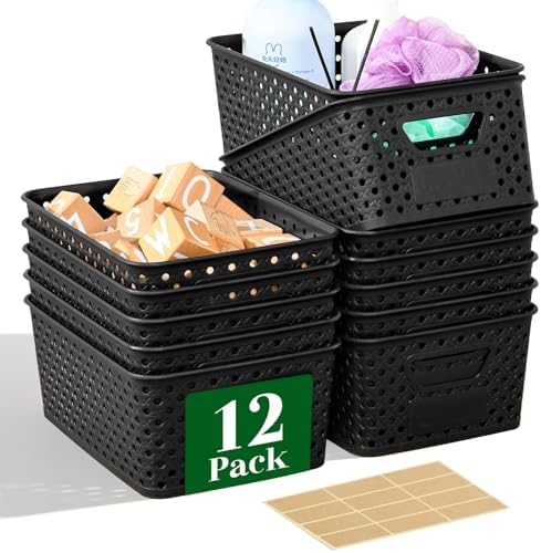 12 Pack Plastic Storage Baskets for Organizing, Storage Baskets for Shelves with Handles, Small Storage Bins with Labels, Classroom Storage Organization for Cabinet,Closet, Office,Black by Unknown