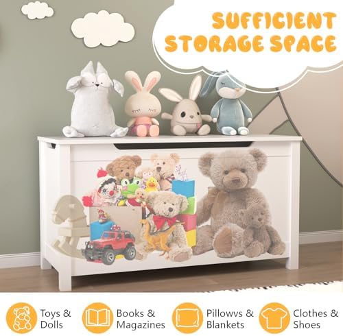 Kids Toy Box Chest, Large Wooden Storage Trunk Bench with Safety Hinged Lid for Ages 3+ White - Image 5
