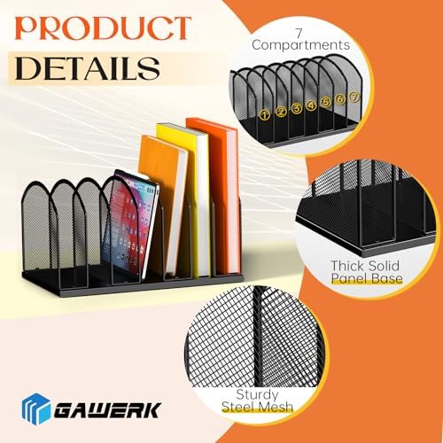 Gawerk 7-Section Metal Upright File Sorter Organizer, Office Small Letter Sorter Desktop File Organizer Metal Mesh Iron Sole, Black - Image 3