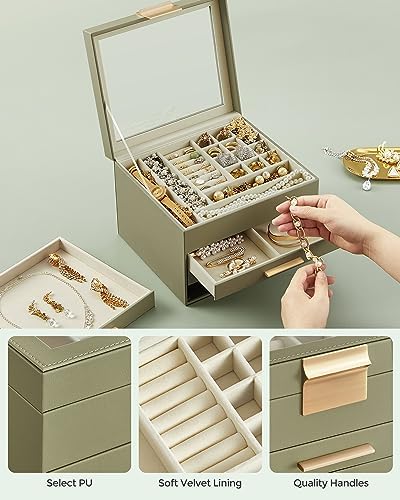 SONGMICS Jewelry Box Organizer, 4-Layer Storage with 3 Drawers, Glass Lid - Image 5