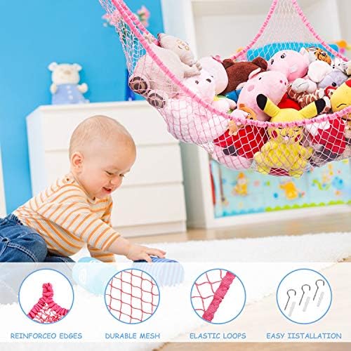 Stuffed Animal Hammock, Toy Hammock Net, LXUNYI Wall Corner Mesh Toy Net Giant Baby Kids Children Stuff animals Hammocks Storage Hanging Net Organizer (Rose, 84 inch) - Image 2