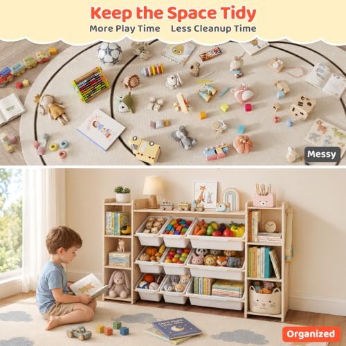 DOREROOM Toy Storage Organizer with Bookshelf, 6 Shelves/9 Toy Bins/6 Hooks - Image 5