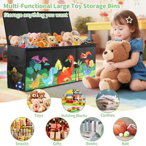 Extra Large Kids Toy Box, Foldable Toy Organizer with Dividers & Lids, 148L Dinosaur Storage Bin for Toddlers Boys Girls, Collapsible Chest for Toys, Books, Bedroom, Playroom, Nursery Black - Image 2