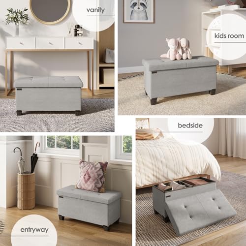 Storage Ottoman Bench with Bins, 30-in Storage Bench for Bedroom End of Bed, Folding Foot Rest Ottoman for Living Room Max 660lbs, Fabric Ottomans, Light Grey - Image 4