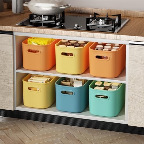 ORGIDOL 12 Pack Colorful Plastic Storage Bins, Storage Container for Organizing, Colored Storage Boxes with Handle for Shelves, Cute Organizer Bins for Craft, Snacks, Cabinet, 9.69x6.7x5.7 inch - Image 4
