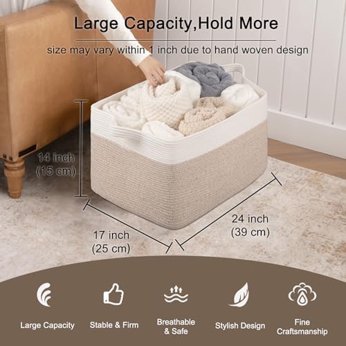 OIAHOMY Extra Large Blanket Basket, 95L Cotton Rope Woven Laundry Basket, Toy Bin for Baby Room, Container for Blanket Storage in Living Room, 24''×17''×14'', Brown & White - Image 3