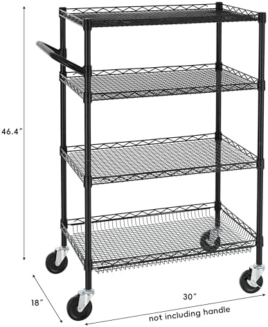 Finnhomy 4 Tier Heavy Duty Commercial Grade Rolling Cart with Handle Bar, Metal Wire Utility Cart with Wheels, Shelf Size 18" D x 30" W, NSF Listed, Black - Image 3