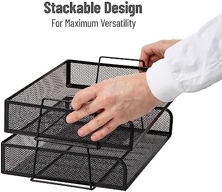 Mind Reader Stackable Paper Tray, Desktop Organizer, File Storage, Office, Metal Mesh, 13.25" L x 9.75" W x 6.25" H, 2 Pcs., Black (Pack of 8) - Image 4