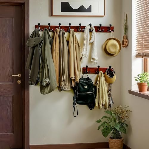 WEBI Coat Rack Wall Mount,17" Solid Wood Coat Hooks Wall Mounted Coat Hanger,16" Hole to Hole,Heavy Duty Hook Rack Rail,3 Triple Hooks for Hanging Coats,Jacket,Clothes,Hat,Backpack,Cherry - Image 3