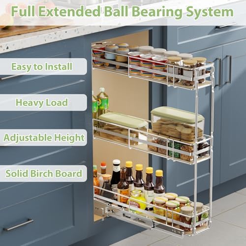 ROOMTEC 3-Tier Pull Out Cabinet Organizer Spice Rack for Narrow Cabinet 5" W x 20½" D, Slide Out Wood Shelves Storage for Kitchen - Image 2