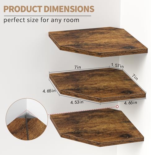Fun Memories Corner Shelf Wall Mount, Floating Corner Shelves, Set of 3 Corner Wall Shelf Organizer, Rustic Wood Wall Storage Display Shelves for Living Room Bedroom Bathroom Kitchen, Rustic Brown - Image 3