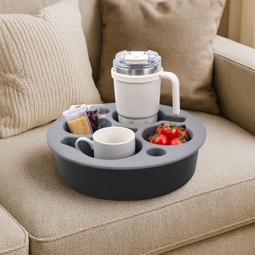 Round Couch Cup Holder Tray, Portable Couch Caddy, Black-Gray by Bonfixe