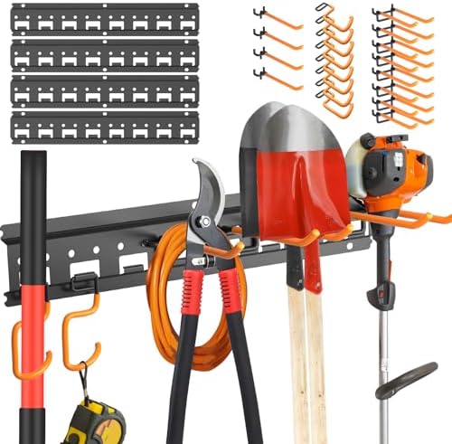 Garden Tool Organizer Wall Mount - Garage Storage and Organization Yard Tool Hanger with Adjustable Pegboard Hooks Shed Rack for Broom Mop Shovel Rake Trimmers, 64 inch Max 750lbs, Black by Unaikoo