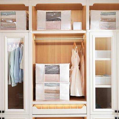 TYEERS Large Storage Bags with Zipper and Clear Window, Cotton Blended Fabric Storage Containers for Seasonal Clothes and Bedding, 23.6x15.7x13.8 Inches, 4-Pack, Beige - Image 5