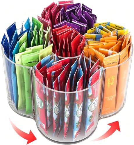 Flower-Shaped Rotating Drink Packet Organizer | 5-Compartment Lazy Susan for Water Flavor Packets & Powdered Mixes | Clear 360° Spinning Pantry Storage Bin for Cabinet & Countertop by TIMVIEA