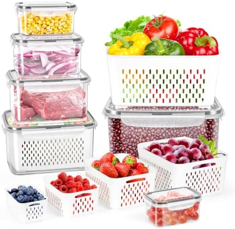 12 Pieces Fruit Storage Containers For Fridge with Removable Colanders by ODOMU