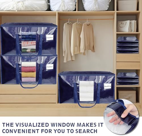 4 Pack Extra Large Moving Bags Heavy Duty 180GSM,130LBS 100L Totes with Visible Window, Zippers & Wrap-Around Handles, Waterproof Reusable, Alt to Moving Boxes, Navy blue - Image 6