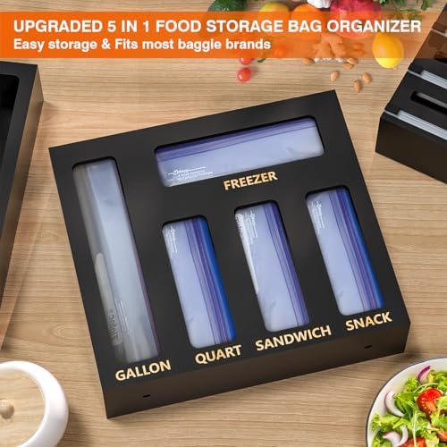 DALSHABET 9 IN1 Bamboo Storage Bag Drawer Organizer with Cutter, Foil and Plastic Wrap Dispenser for Kitchen Storage Compatible with All Brands Gallon, Quart, Sandwich & Snack Size Bags - Black - Image 4