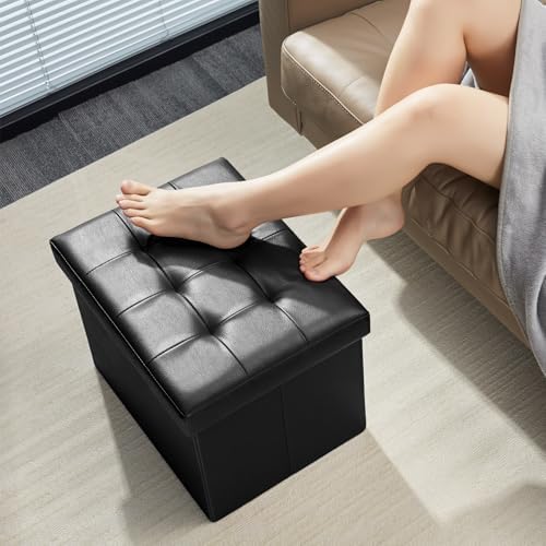 Bsketa Storage Ottoman Bench,17 Inch Folding Leather Foot Rest Stool, Black - Image 2