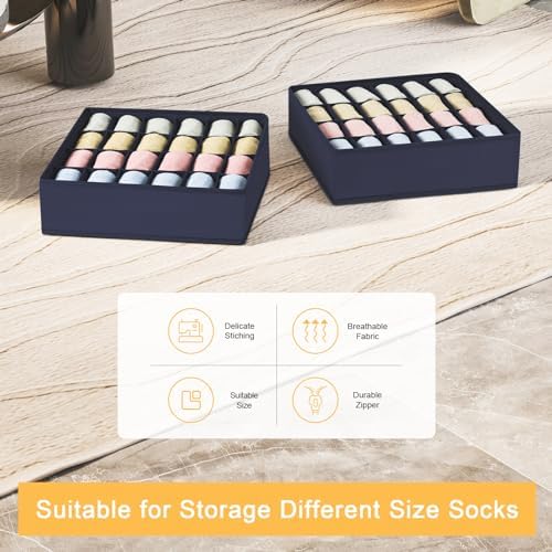 joyoldelf Sock Organizer Drawer Organizer - 2 Packs Underwear Organizer,24 Cells Collapsible Closet Organizers and Storage Sock Holders Organizers for Storing Socks, Ties, Belts(Navy Blue) - Image 3