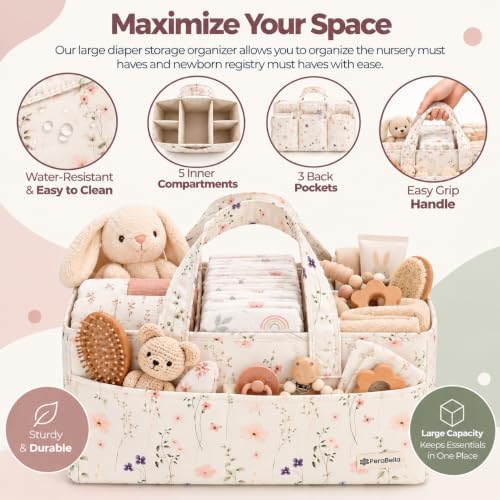 PeraBella Baby Diaper Caddy Organizer, Floral Baby Basket Shower Gift, Nursery Organizer Basket Newborn Boy& Girl Essential Items, Changing Table Organizer Caddy for Baby Stuff, Car Caddy-Cream Floral - Image 6