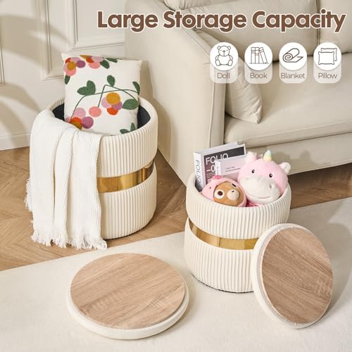 Round Ottoman with Storage Set of 2 White Velvet Vanity Stool - Image 6