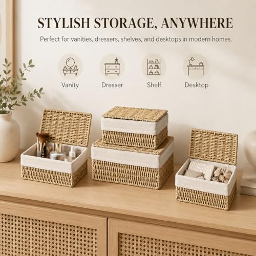 Storage Baskets with Lids Set of 3, Woven Bins with Liner - Image 7