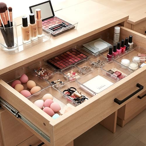 Masirs Clear Drawer Organizers Set 25 PCS – Plastic Storage Bins for Desk, Kitchen, Bathroom, Vanity – Modular, Stackable, Non-Slip Drawer Organizer Trays for Makeup, Utensils, Office Supplies - Image 4