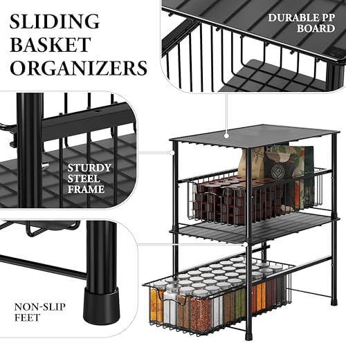 Simple Houseware Wired Stackable Under Sink Cabinet Sliding Basket, Black - Image 4