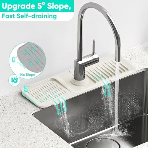 17.7inch Faucet Mat for Kitchen Sink [5°Slope Fast Self-draining] Faucet Mat Kitchen Sink Splash Guard Silicone Sink Splash Guard Kitchen Sink Area Tidy Splash Faucet Guard Draining Mat-Beige - Image 2