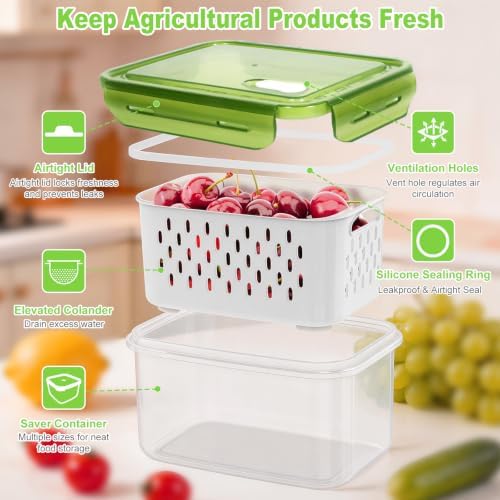 4Pack Fruit Storage Container for Fridge with Colander and Vent - Green - Image 2