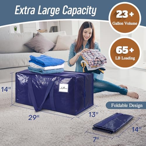 6 Pack Extra Heavy Duty Large Moving Bags with Strong Zipper, Dark Blue - Image 3