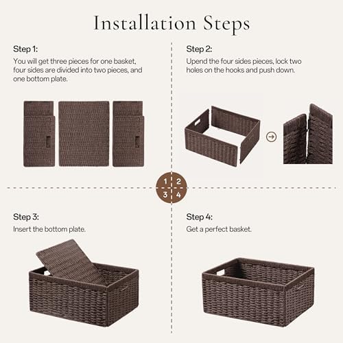 UBBCARE 2 Pack Wicker Basket, 13.4L×8.3H×7.1W inch Woven Paper Rope Storage Baskets for Shelves, Foldable Rectangular Storage Baskets with Handle, Storage Basket for Organizing, Dark Brown - Image 2