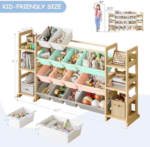 EXPERLAM Extra Large Toy Storage - Toy Storage Organizer, Wooden Toy Organizer with 6 Side Shelves and 16 Bins, 3-in-1 Bookshelf for Kids Rooms, Playroom, Nursery, Multi - Image 2