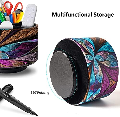 Remote Control Holder Round Leather Art Supply Organizer, PU Leather Pencil Stationery Desk Storage Makeup Organizer for Heater Controllers TV Remotes, 4 Compartments, 360 Degree Spinning - Image 4