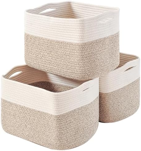 ICERZCZ Storage Baskets for Organizing, Woven Cotton Rope Basket for Storage Books, Baby Organizing Baskets, Toy Storage Basket, 15"x11"x9.5", 3 Packs, Off White & Brown by ICERZCZ
