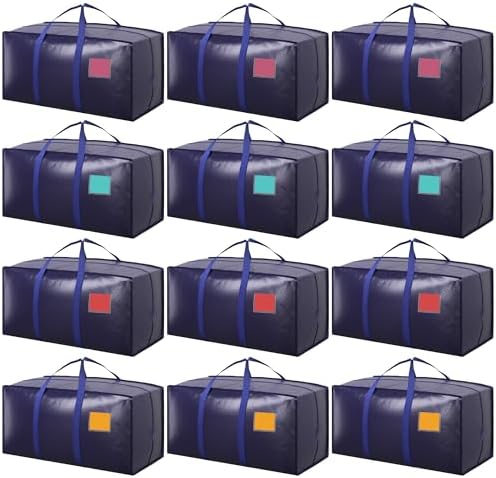 12 Pack Moving Bags with Full-Open Side Zipper, Extra Large 93L Heavy Duty Waterproof Foldable Storage Totes for College Dorm, Moving & Home OrganizationDarkBlue by RMOHRO