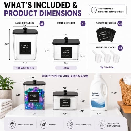 4 Pack Laundry Pods & Detergent Containers, Dryer Sheet Holder - Image 3