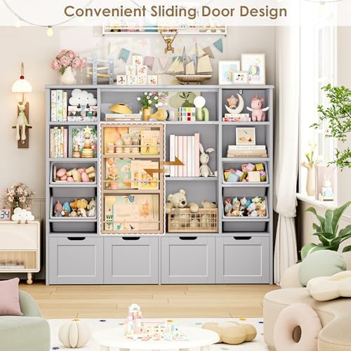 FINETONES Toy Storage with Sliding Bookshelf, Toy Organizer with 4 Bins - Image 4