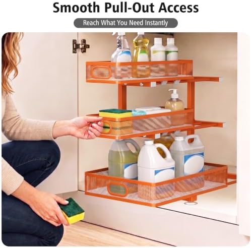 Under Sink Organizer, 3-Tier Metal Sliding Drawers, 2-Pack Orange - Image 3