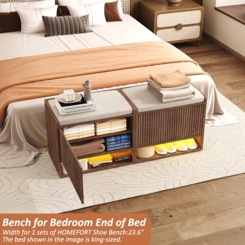 HOMEFORT 23.6" Fluted Shoe Storage Bench, Small Entryway Bench with Linen Seat Cushion, Shoe Cabinet Bench with Adjustable Shelf and Built-in LED Sensor Light, Bench for Bedroom End of Bed,Walnut - Image 3