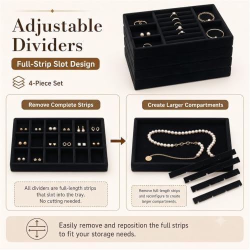 4 Pack Stackable Jewelry Organizer Tray Set - Velvet Display Case - Image 6