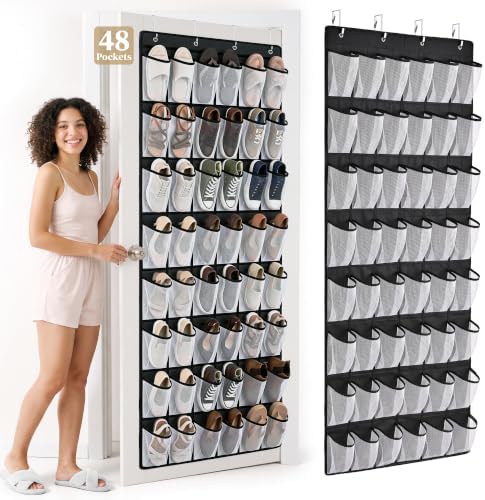 48 Pockets Over the Door Shoe Organizer, 1 Pack, 6-Column Heavy Duty Shoe Storage for Sneakers and Heels, Color Block Mesh Hanging Rack for Entryway or Bedroom, Black with White Accents by ORDOVIBE
