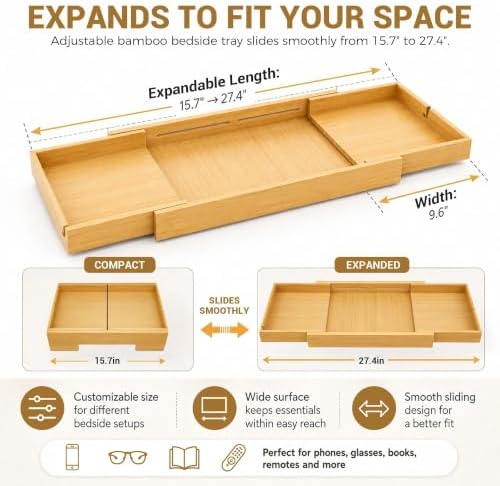 MinBoo Expandable Bamboo Bedside Shelf – Sliding Clip-On Nightstand for Bunk Beds (Fits up to 2.36" Rails), Space-Saving Floating Bed Tray with Cable Slots and Hanging Hooks (Natural Wood) - Image 2