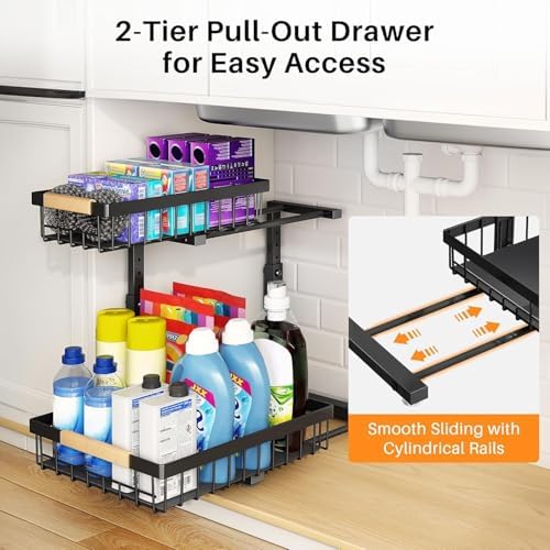 PXRACK Under Sink Organizer, Adjustable Height, 2 Tier Pull Out Under Cabinet Organizer, Slide Out Thickened Metal Under Sink Storage for Kitchen Bathroom Laundry Pantry Cabinet, Black, Small-1-Pack - Image 4