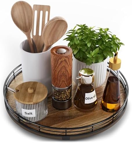 Acacia Wood 12" Lazy Susan Turntable Organizer for Table Top, Farmhouse Round Wooden Lazy Susan for Cabinet Kitchen Centerpieces Coffee Table, for Condiments Spices, Bathroom Vanity Tray Decor by HGF