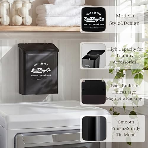 MONJITA Magnetic Lint Bin for Laundry Room, Wall Mounted Lint Trash Can with Lid for Dryer, Laundry Room Organization and Storage with Brush(Black) - Image 2