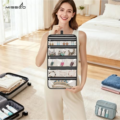 MISSLO Hanging Jewelry Organizer Travel Foldable Jewelry Roll Storage Case with 14 Cotton Zippered Pockets for Traveling, Closet, Suitcase - Image 3