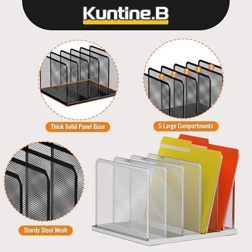 Kuntine.B Desk File Organizer Upright Mesh Desktop Organizer File Sorter Office Organization File Holder for Home, Office & Classroom (Silver, 1 Pack 5-Section) - Image 4