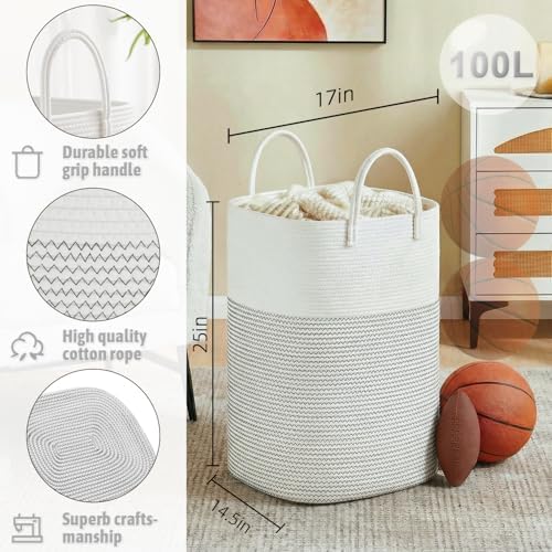 Laundry Basket,Woven Cotton Rope Laundry Hamper,Versatile Storage for Dirty Clothes,Baby Toys,and Blankets in Bathroom, Nursery,and Living Room (White, 100L) - Image 2